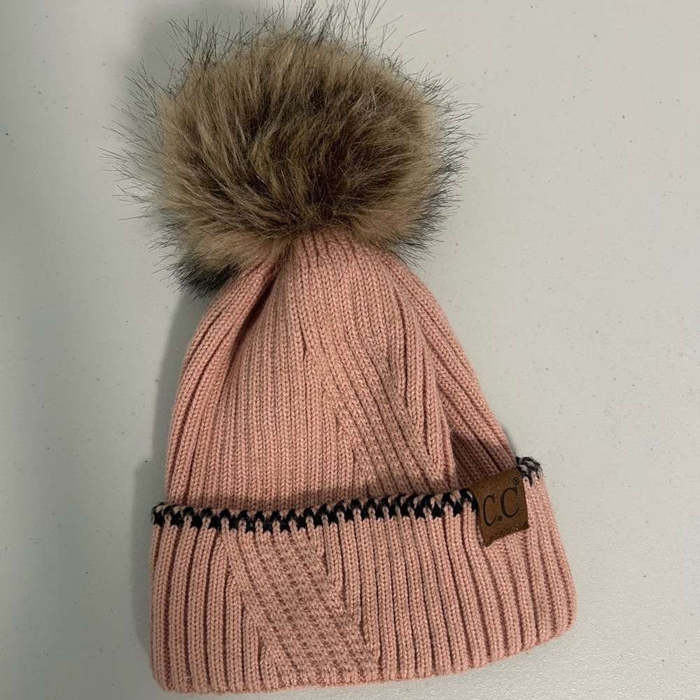 C&C California Beanie Pom Pink Brown Winter Knit